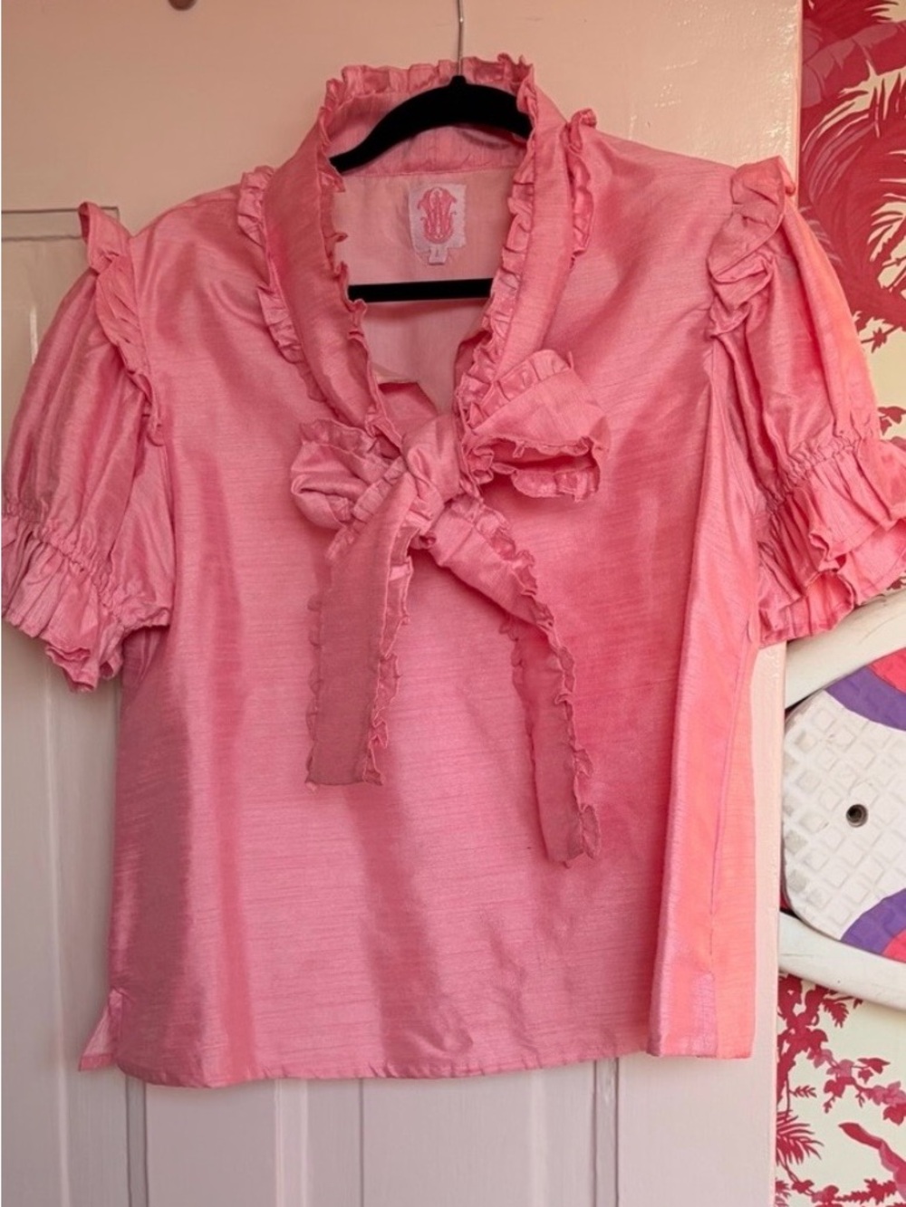 Gretchen Scott feminine Pink Ruffle Bow Neck Short Sleeve Top